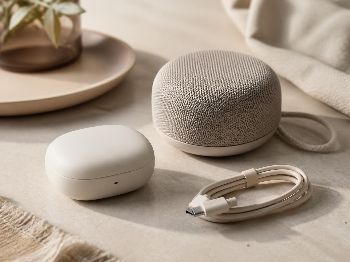 Electronics category editorial photograph — an unbranded earbud case, small fabric speaker and coiled USB-C cable. Lifestyle imagery representing the category, not a photograph of the listed product.