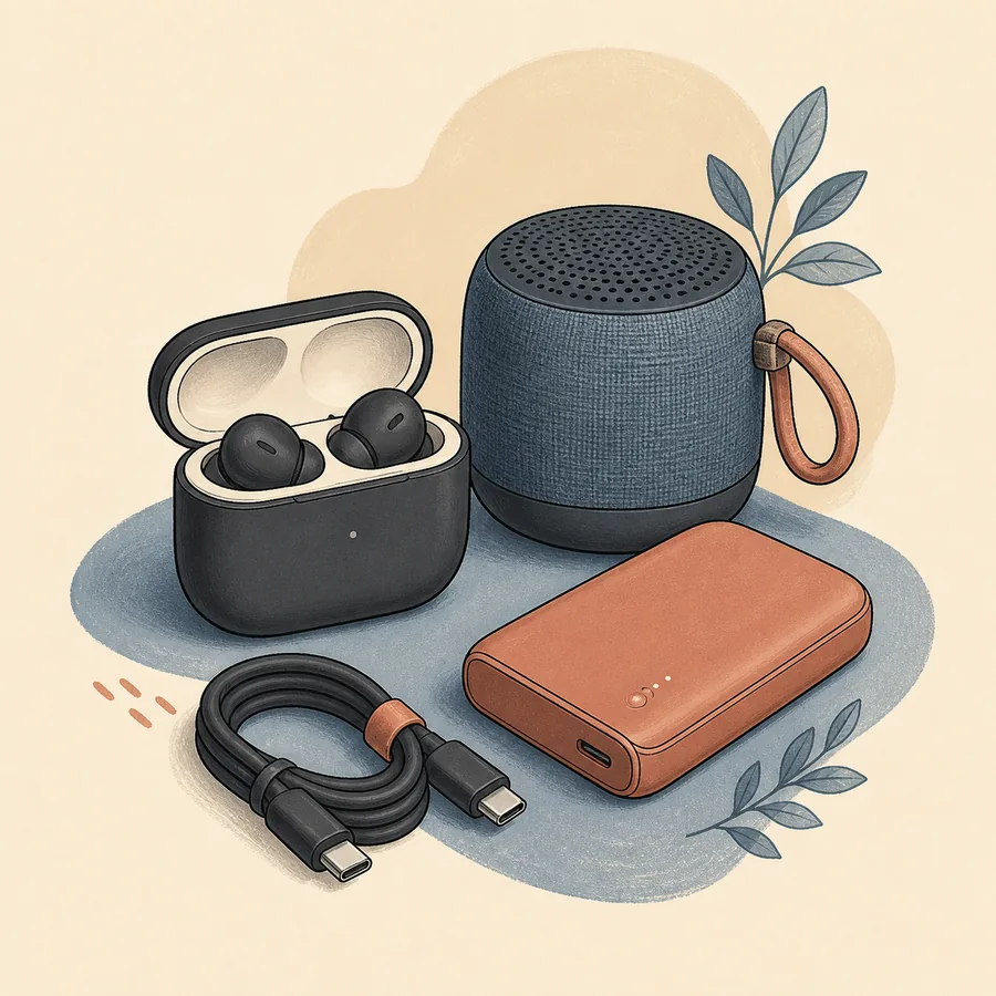 Electronics category editorial illustration — unbranded earbuds in a case, a small round speaker, a power bank and a USB-C cable. Original artwork representing the category, not a photograph of the listed product.