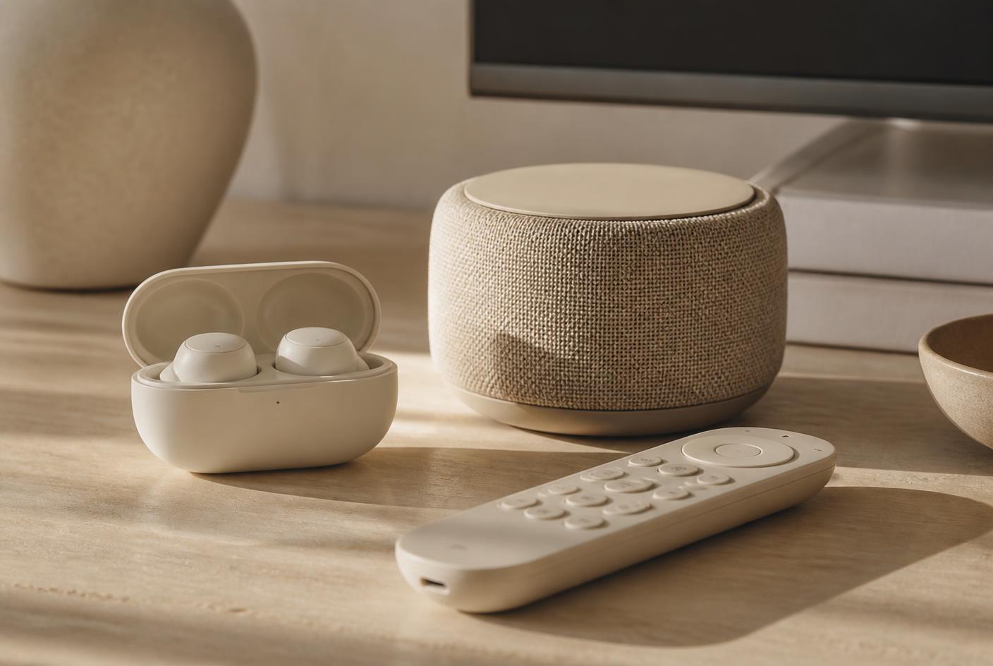 How to choose wireless earbuds, speakers and streaming sticks — editorial photograph of unbranded earbuds in an open case beside a small fabric speaker and a remote. Lifestyle imagery, not a photograph of a specific product.