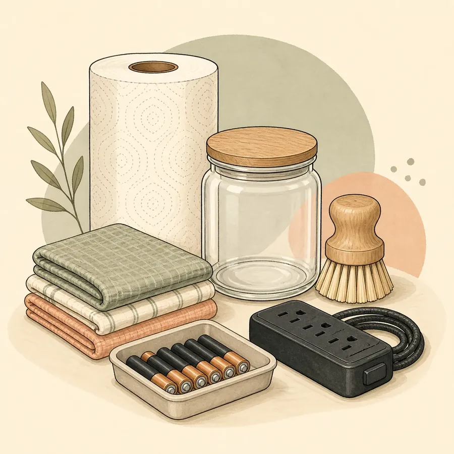 Everyday Essentials category editorial illustration — a paper towel roll, glass storage jar, dish brush, folded cloths and a pack of batteries. Original artwork representing the category, not a photograph of the listed product.