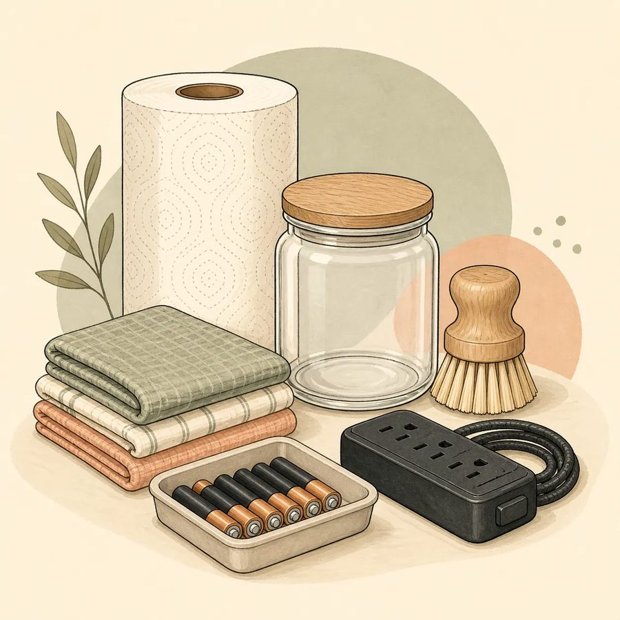 Everyday Essentials category editorial illustration — a paper towel roll, glass storage jar, dish brush, folded cloths and a pack of batteries. Original artwork representing the category, not a photograph of the listed product.