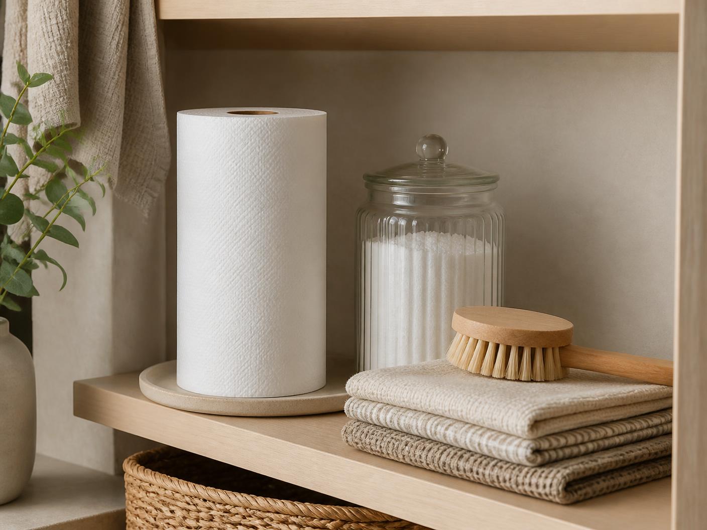 Everyday Essentials category editorial photograph — a paper towel roll, glass storage jar, cleaning brush and folded cloths on a shelf. Lifestyle imagery representing the category, not a photograph of the listed product.
