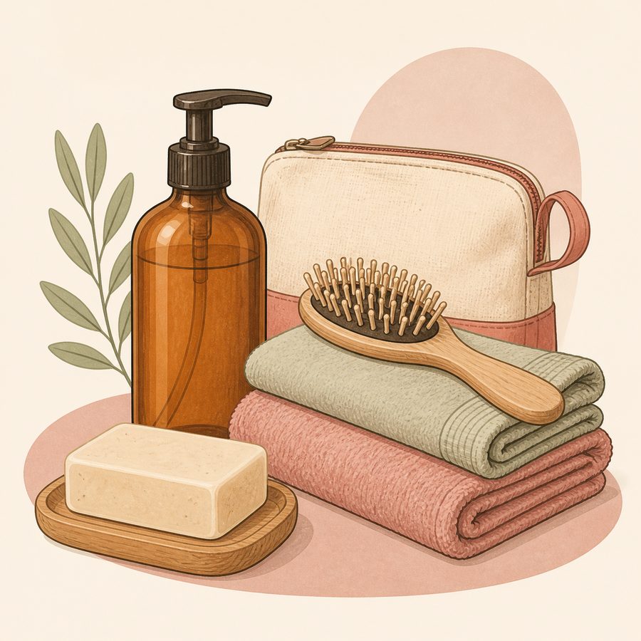 Health & Personal Care category editorial illustration — an amber pump bottle, wooden hairbrush, folded towels, a soap bar and a toiletry bag. Original artwork representing the category, not a photograph of the listed product.