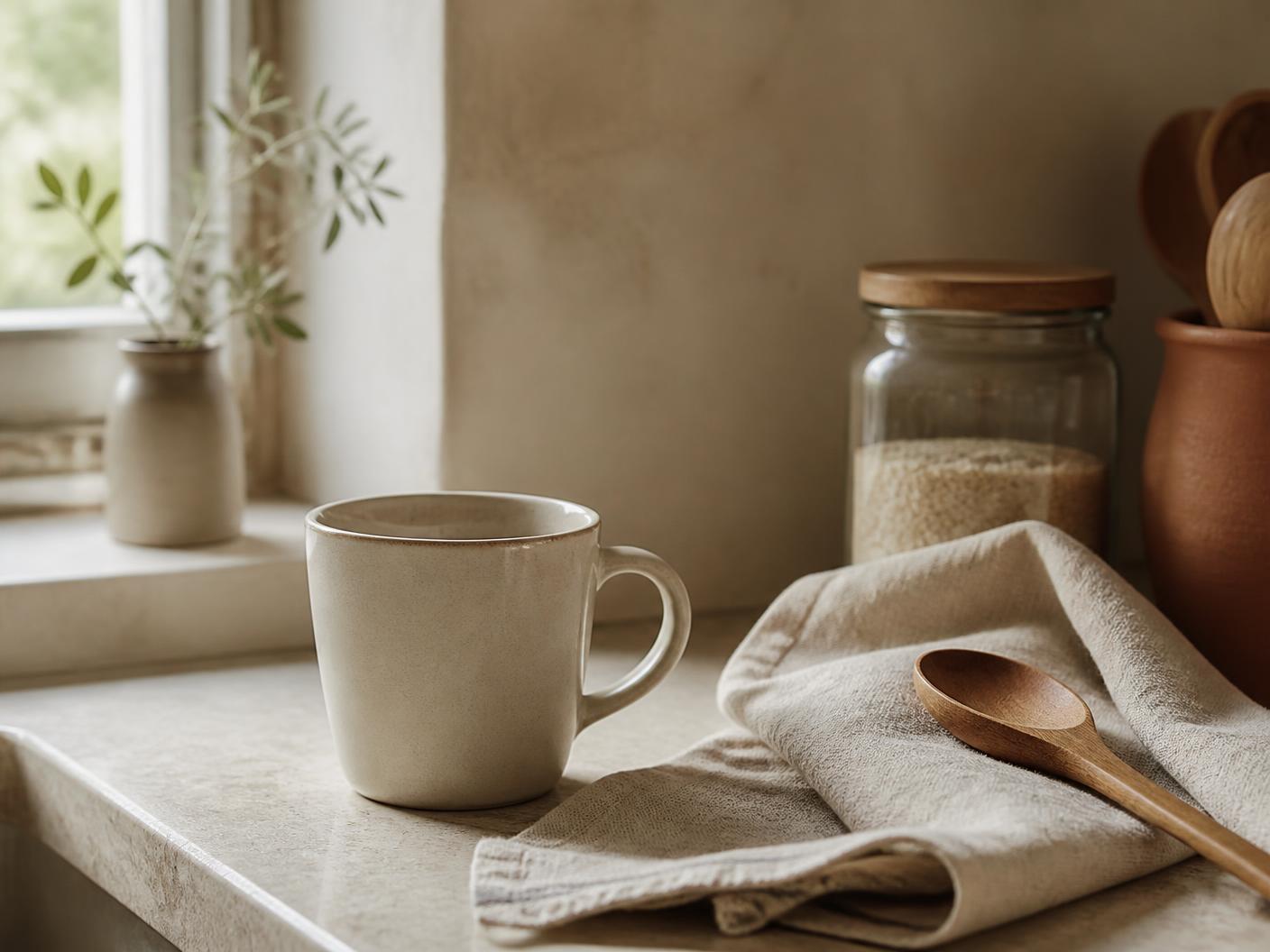 Home & Kitchen category editorial photograph — a ceramic mug, linen cloth and wooden spoon on a sunlit kitchen counter. Lifestyle imagery representing the category, not a photograph of the listed product.