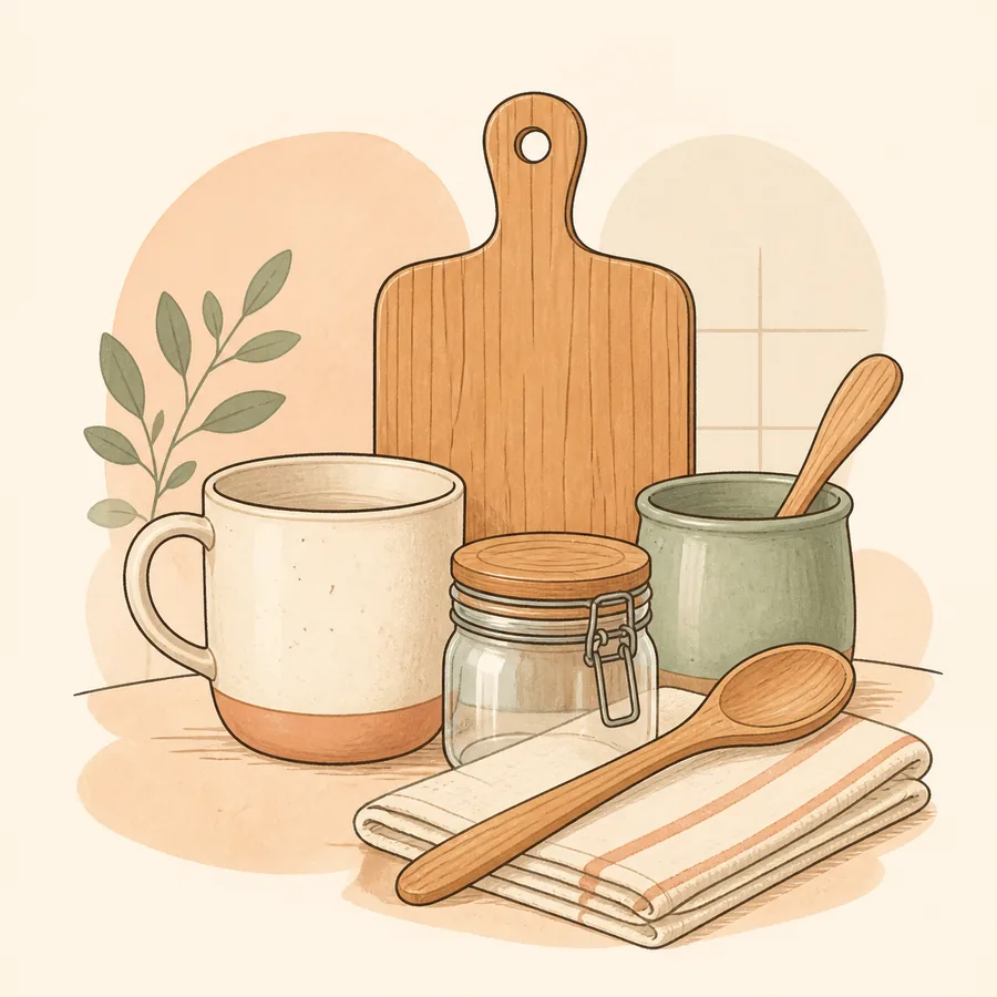 Home & Kitchen category editorial illustration — a wooden cutting board, ceramic mug, storage jar and wooden spoon on a warm neutral ground. Original artwork representing the category, not a photograph of the listed product.
