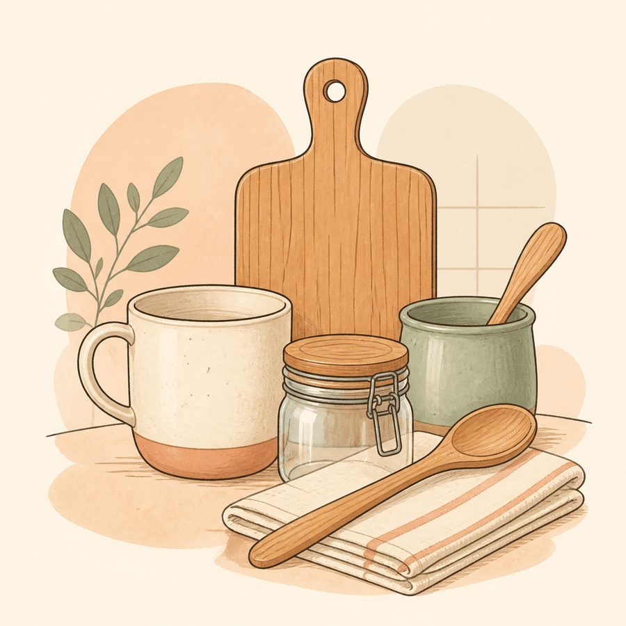 Home & Kitchen category editorial illustration — a wooden cutting board, ceramic mug, storage jar and wooden spoon on a warm neutral ground. Original artwork representing the category, not a photograph of the listed product.