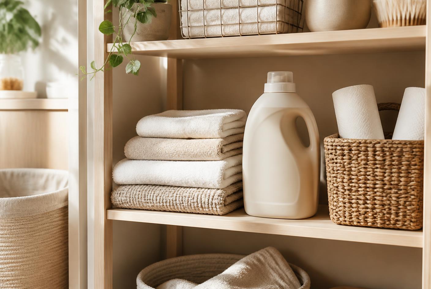 How to stock everyday household essentials without overbuying — editorial photograph of folded towels, an unlabelled detergent bottle and paper towel rolls on a shelf. Lifestyle imagery, not a photograph of a specific product.