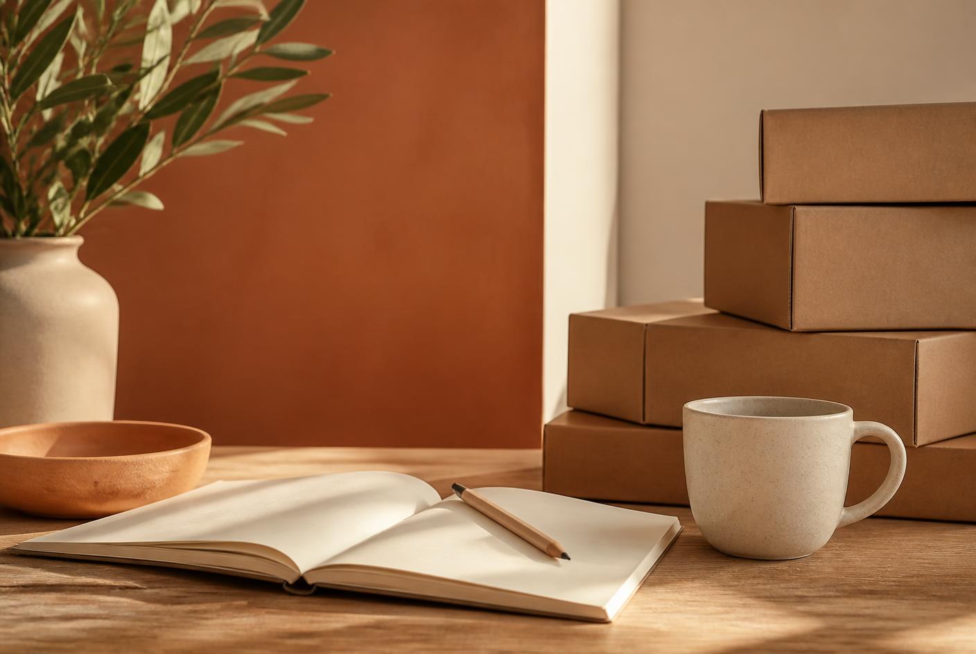 How we evaluate products — editorial photograph of an open notebook and pencil beside plain cardboard boxes on a wooden desk. Lifestyle imagery, not a photograph of a specific product.