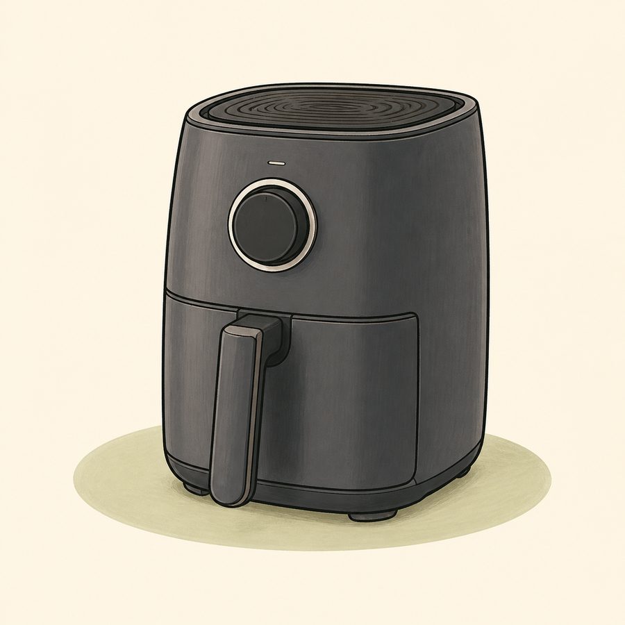 Editorial illustration of the compact Ninja AF100C 4-quart air fryer.