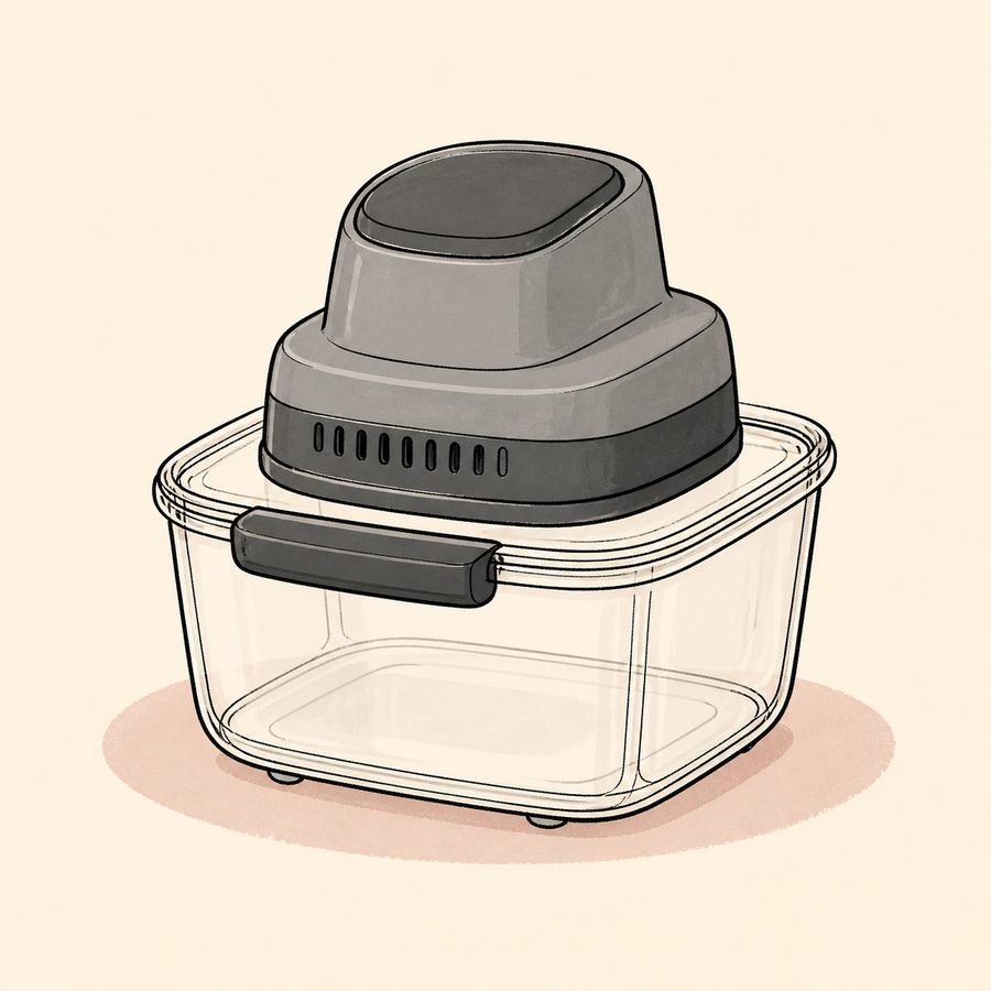 Editorial illustration of the Ninja Crispi glass-container air fryer.
