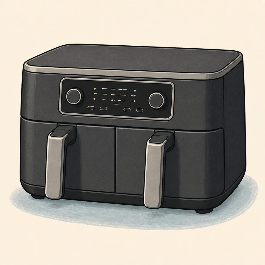 Editorial illustration of the Ninja Foodi DZ201C dual-zone air fryer with two baskets.