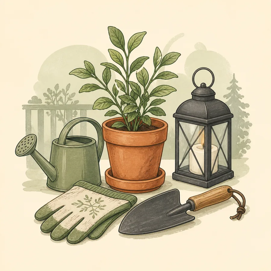 Outdoor & Garden category editorial illustration — a potted plant, watering can, gardening gloves, hand trowel and a lantern. Original artwork representing the category, not a photograph of the listed product.
