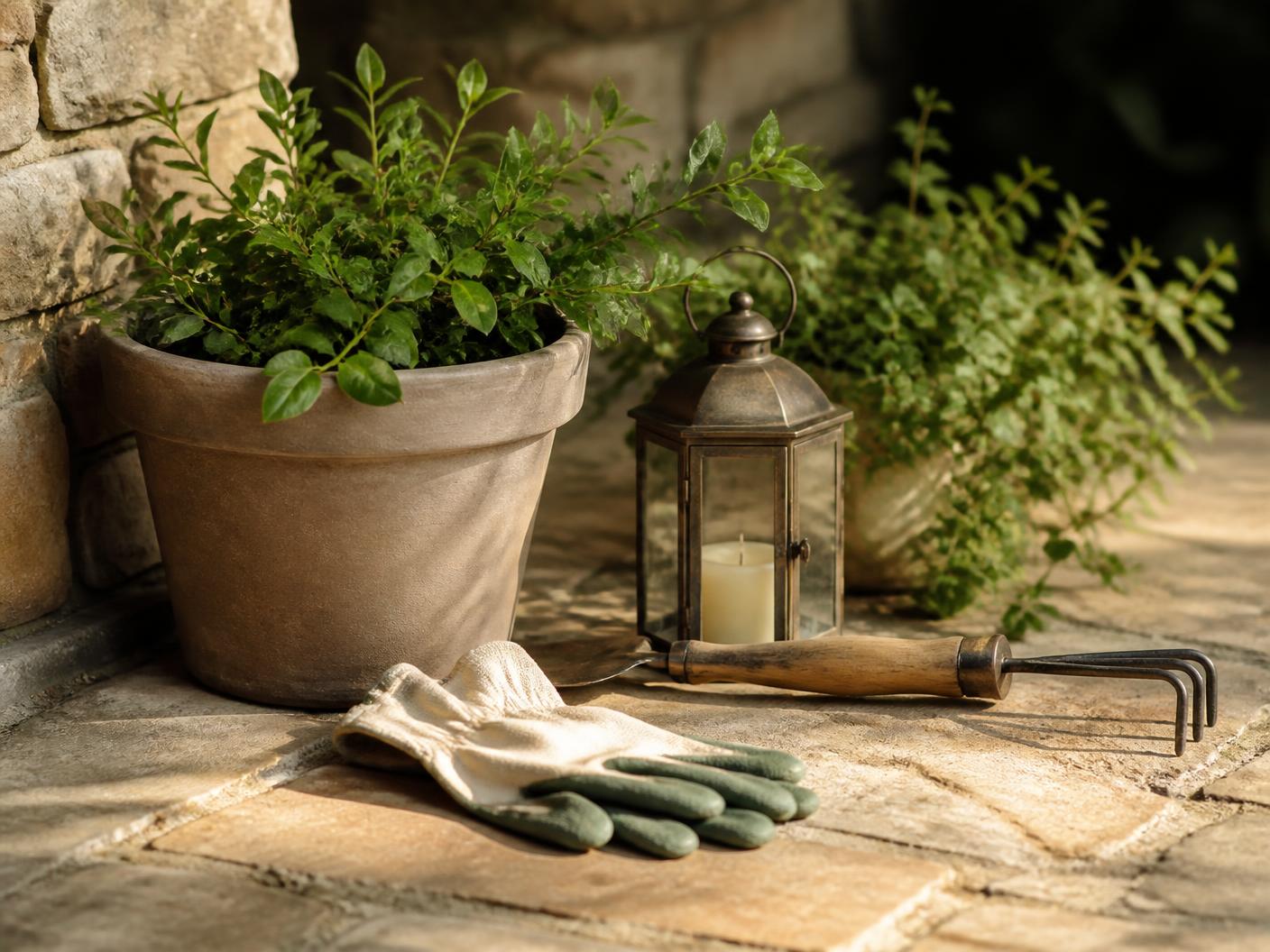 Outdoor & Garden category editorial photograph — a potted plant, gardening glove, hand rake and lantern on a stone patio. Lifestyle imagery representing the category, not a photograph of the listed product.