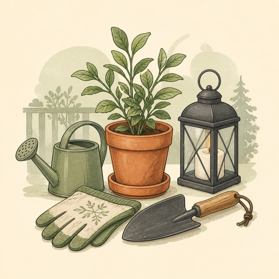 Outdoor & Garden category editorial illustration — a potted plant, watering can, gardening gloves, hand trowel and a lantern. Original artwork representing the category, not a photograph of the listed product.