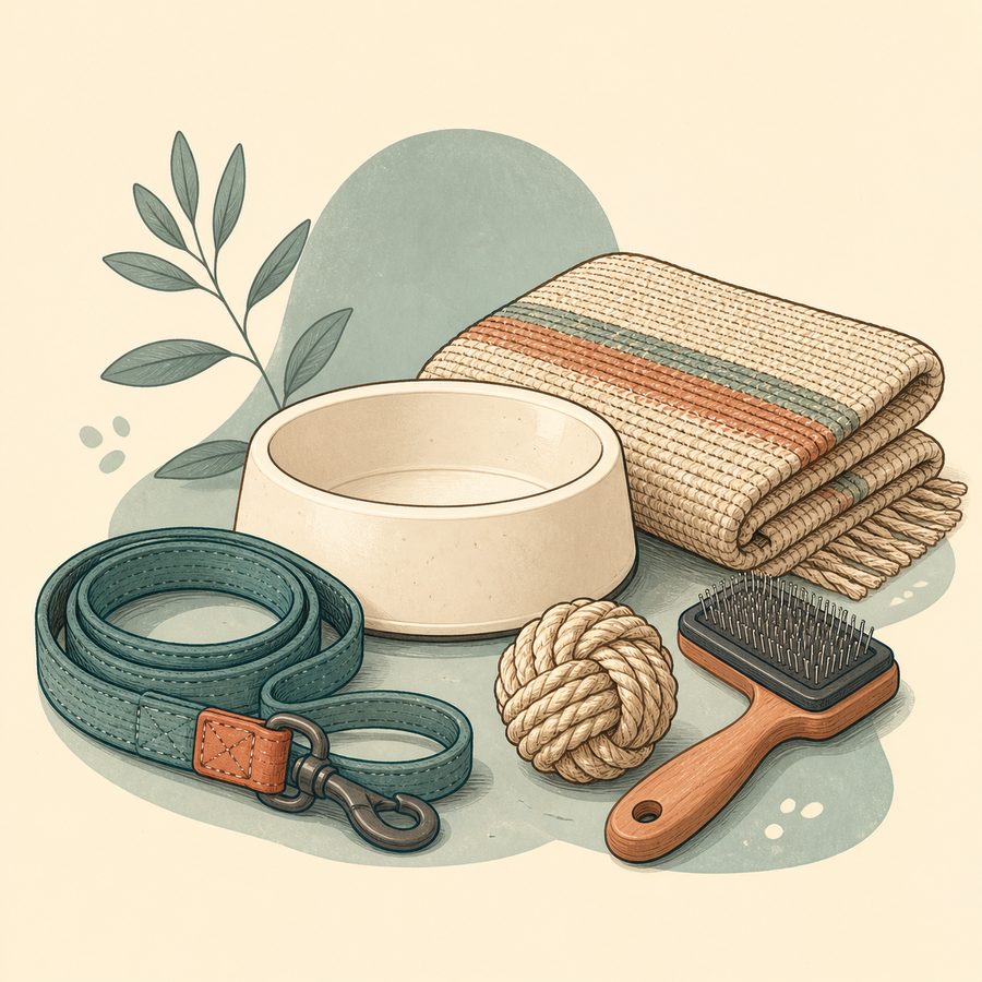 Pet Supplies category editorial illustration — a plain ceramic pet bowl, a leash, a rope ball, a grooming brush and a folded blanket. Original artwork representing the category, not a photograph of the listed product.