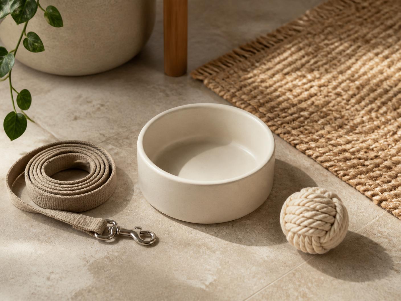 Pet Supplies category editorial photograph — a plain ceramic pet bowl, coiled leash and rope ball beside a woven mat. Lifestyle imagery representing the category, not a photograph of the listed product.