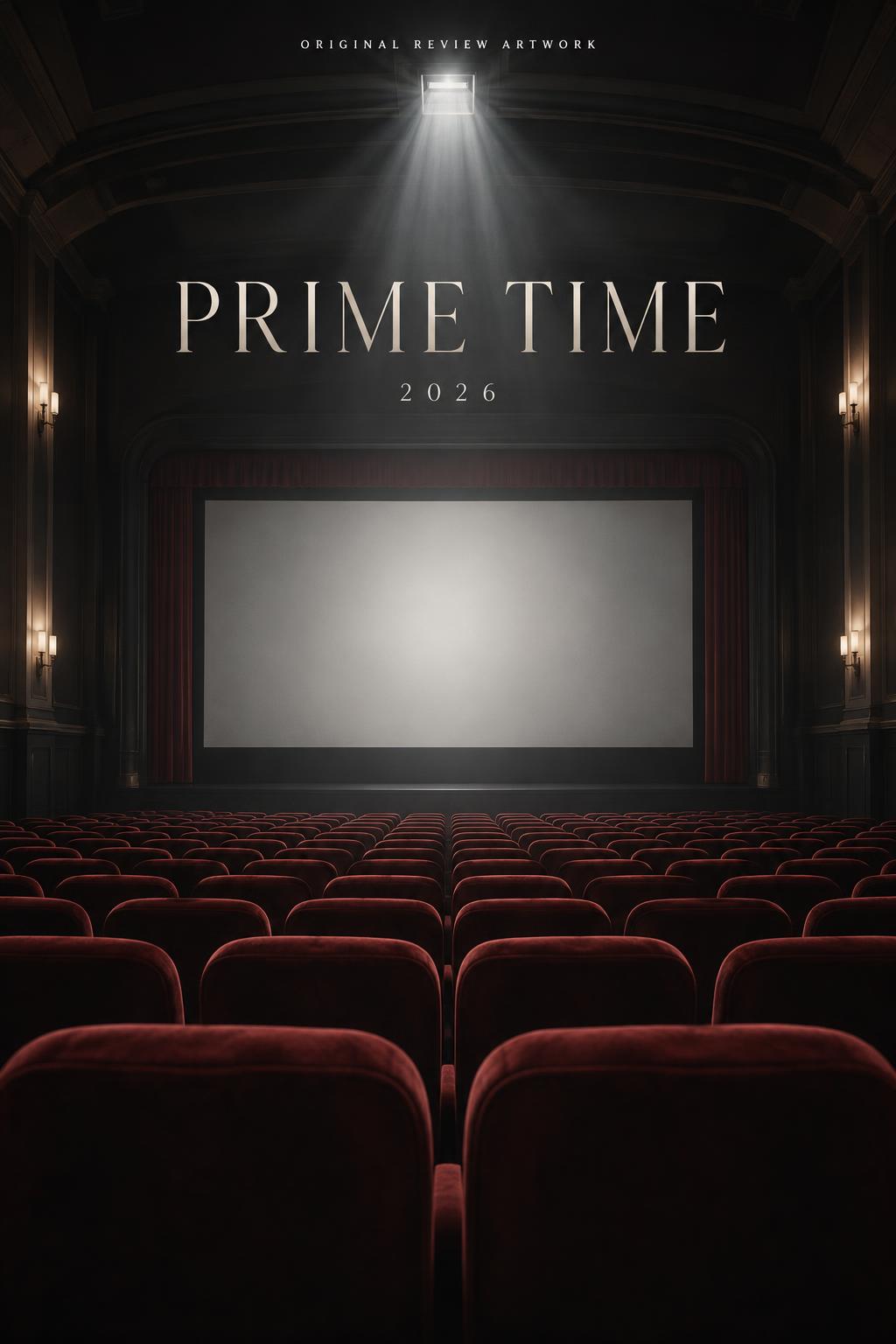 Original neutral cinematic review artwork for Prime Time (2026), featuring an empty cinema auditorium