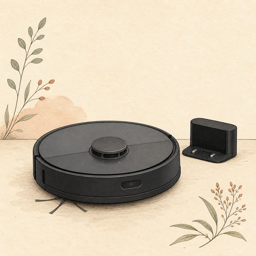 Editorial illustration of the Roborock Q7 L5 robot vacuum beside its standard charging dock.
