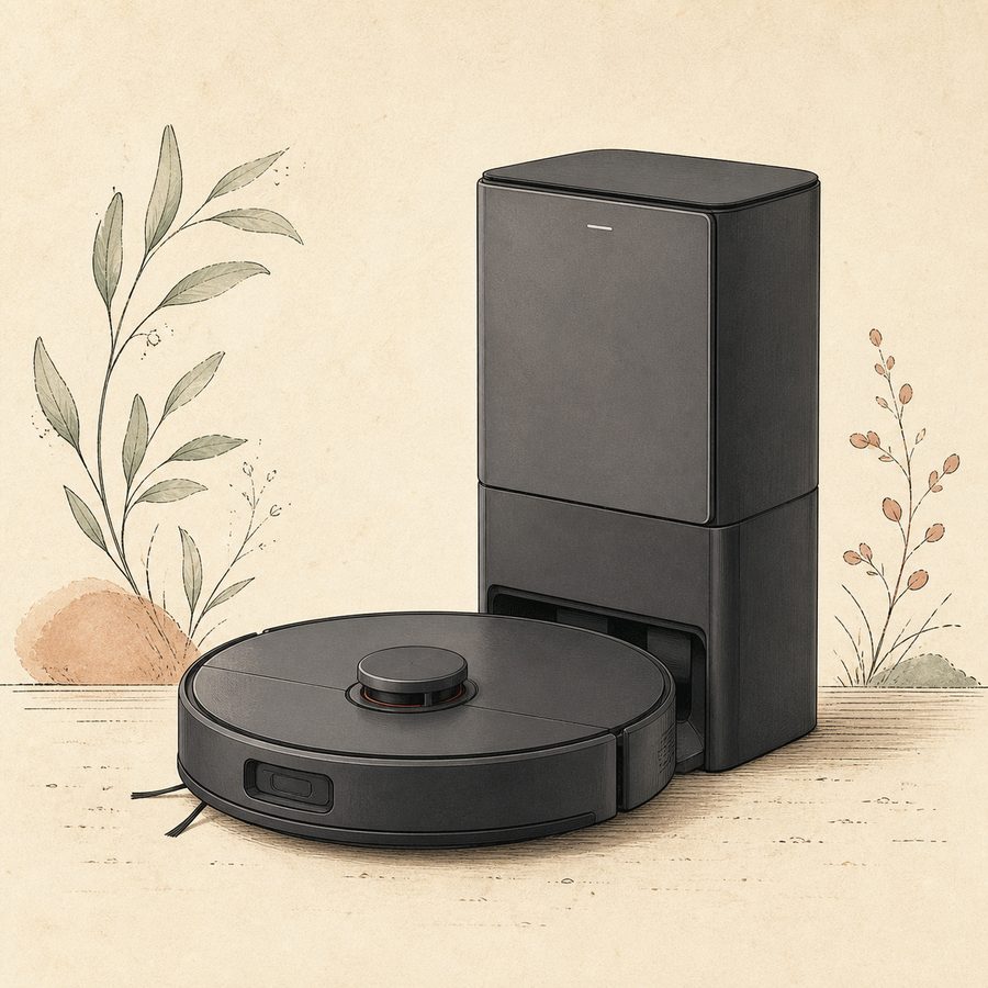 Editorial illustration of the Roborock Q7 L5+ robot vacuum beside its taller auto-empty dock.