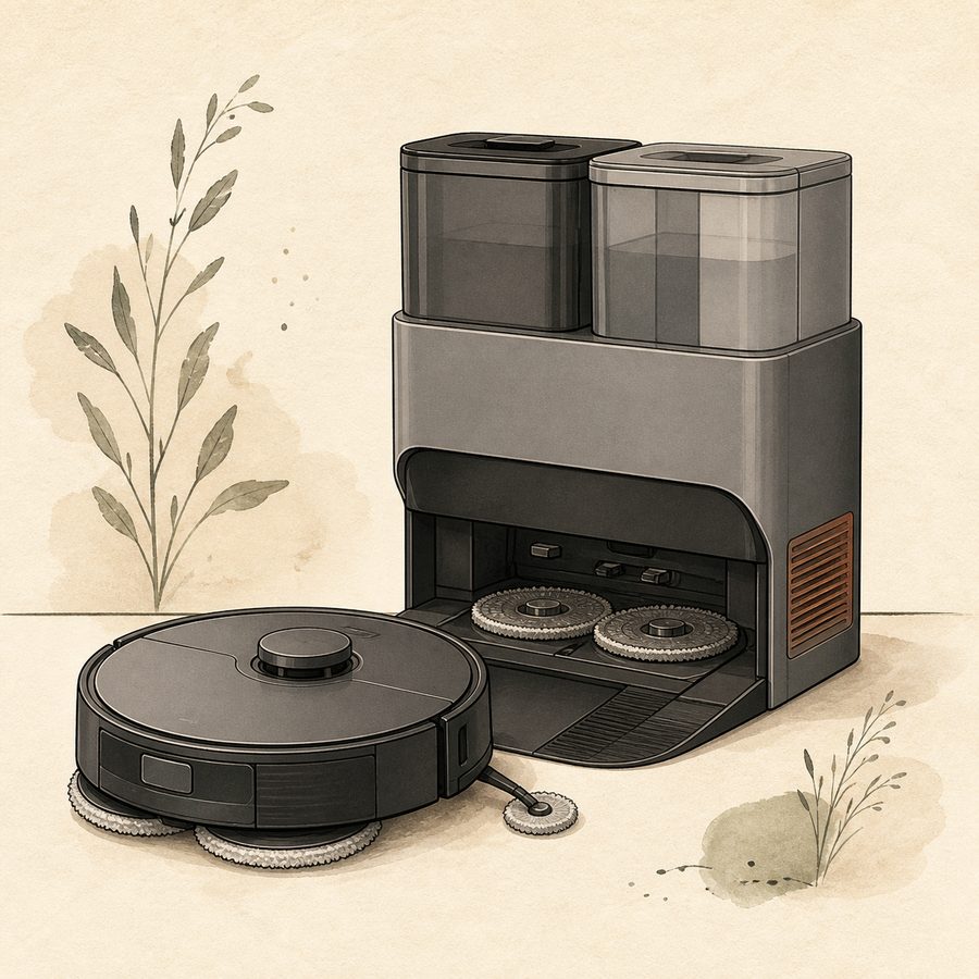 Editorial illustration of the Roborock Qrevo S5V robot vacuum beside its multifunction washing and drying dock.