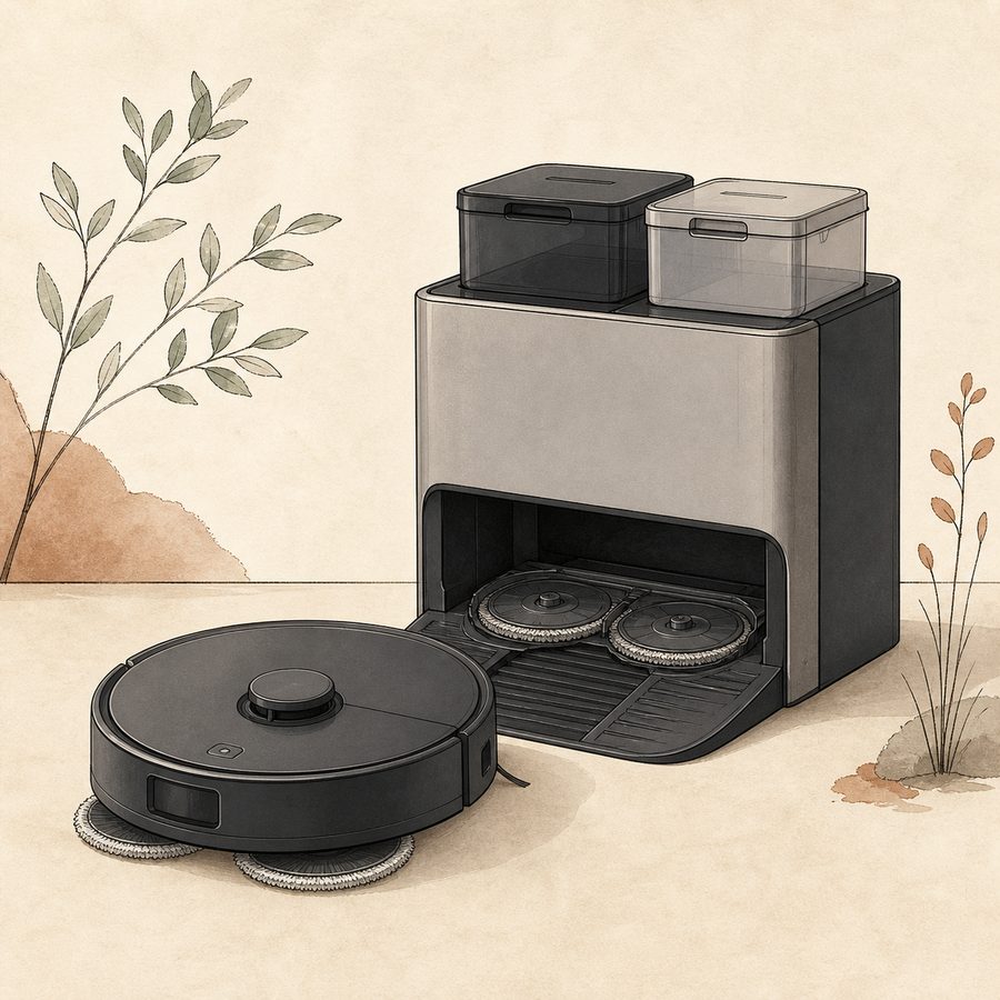 Editorial illustration of the Roborock QV 35A robot vacuum beside its multifunction dock with water tanks.