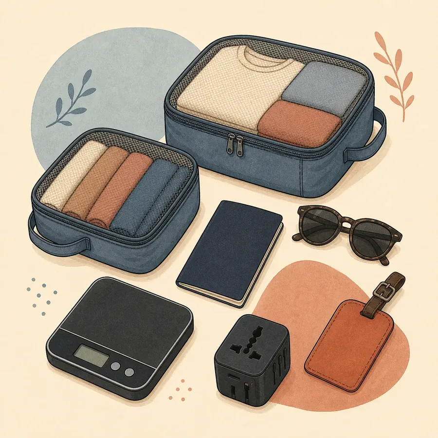 Travel category editorial illustration — packing cubes in an open case, sunglasses, a luggage tag, a travel adapter and a luggage scale. Original artwork representing the category, not a photograph of the listed product.