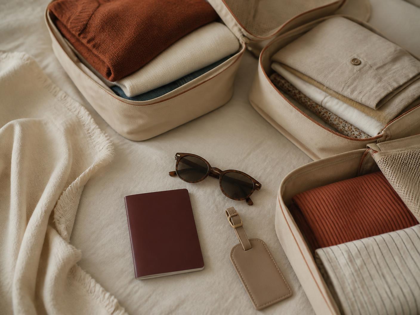 Travel category editorial photograph — packing cubes, a passport, sunglasses and a luggage tag laid out on a bed. Lifestyle imagery representing the category, not a photograph of the listed product.