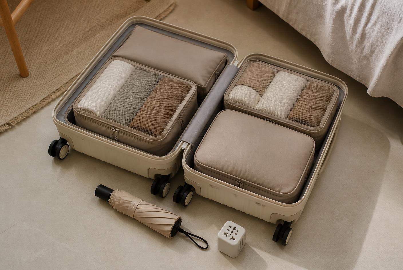 How to choose travel essentials that earn their space — editorial photograph of an open carry-on case packed with fabric packing cubes, an umbrella and a plug adapter. Lifestyle imagery, not a photograph of a specific product.