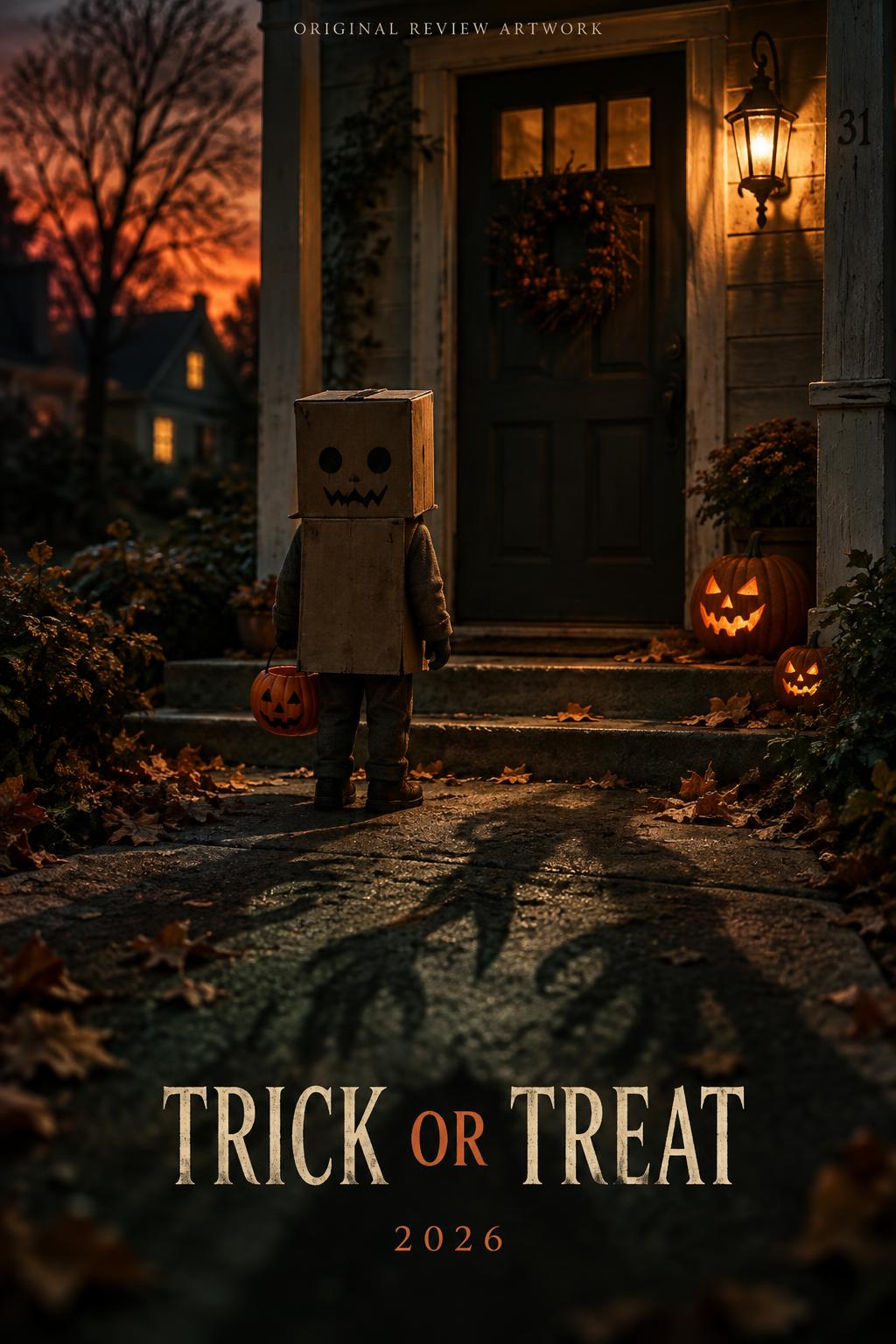 Original Halloween review artwork for Trick Or Treat (2026), featuring a handmade box costume on a porch